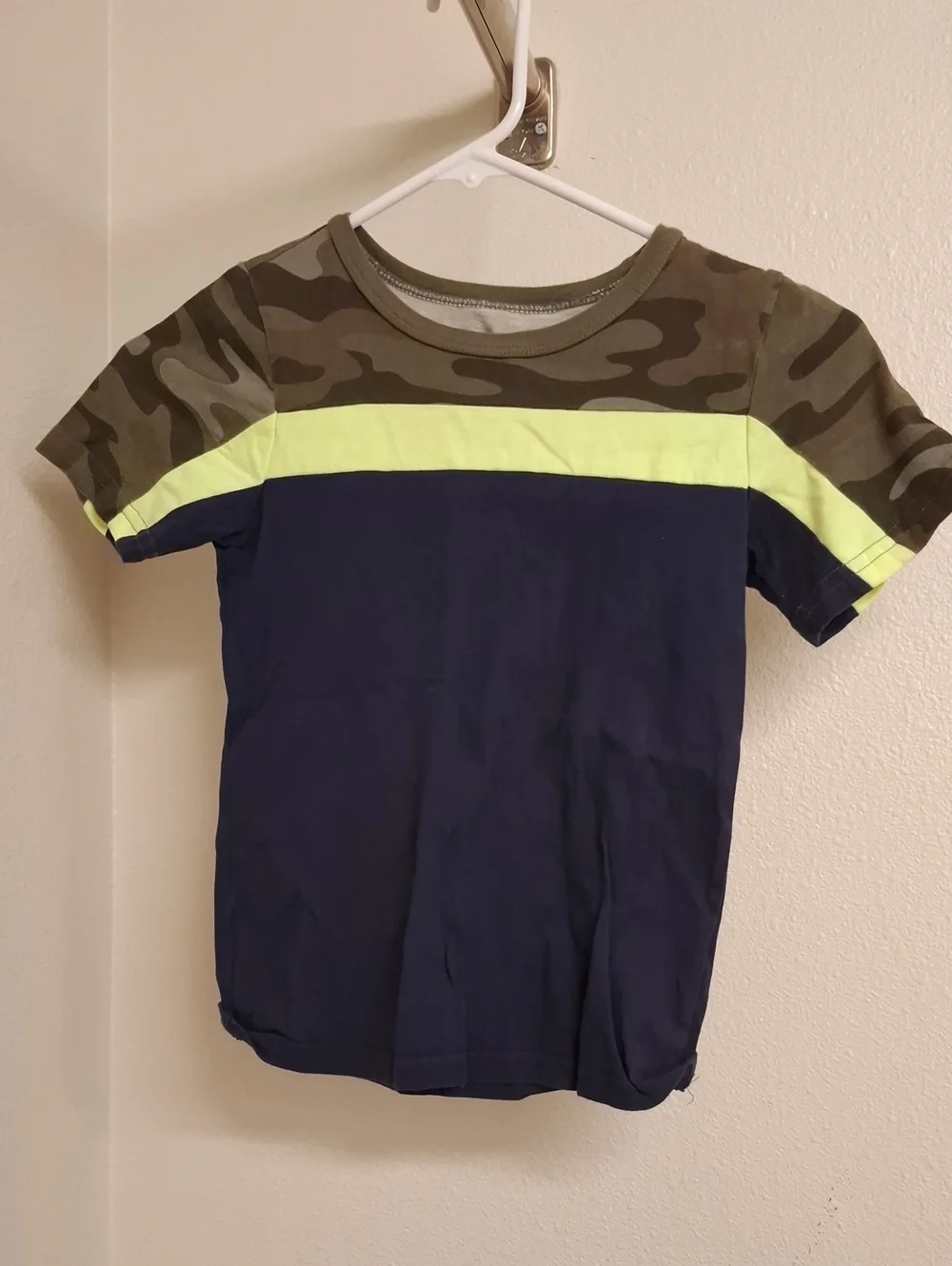 Carter's Navy Tee with Camo Shoulders and Neon Yellow Stripe